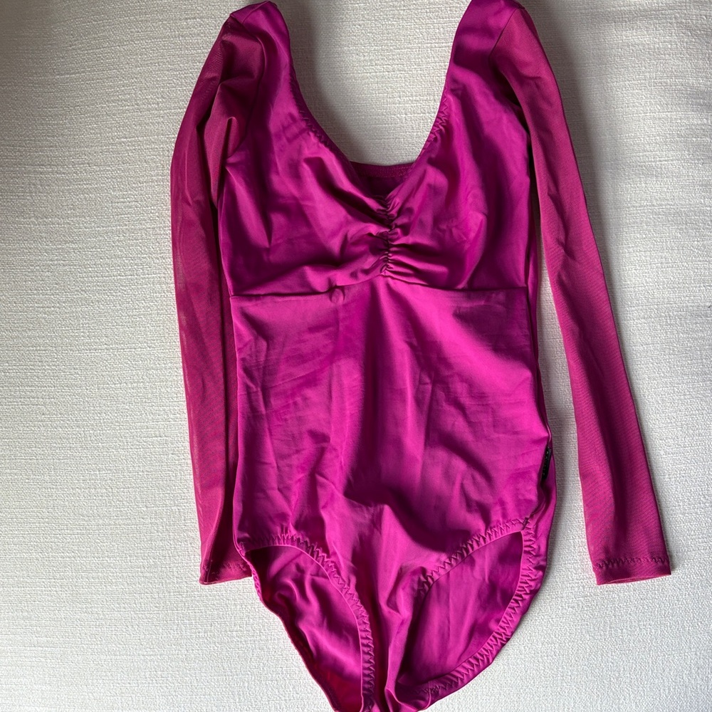 Kathryn Morgan raspberry long mesh-sleeved leotard